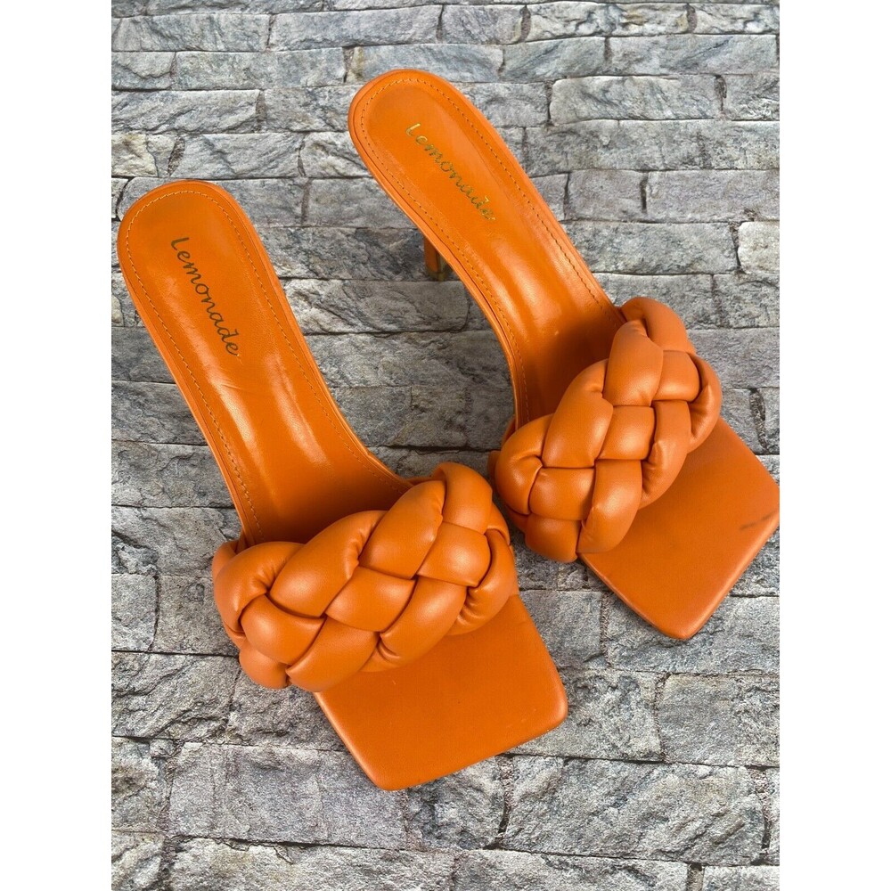 Lemonade Womens Sz 8.5 Orange Knotted Open Square Toe Slip On Spike Heels